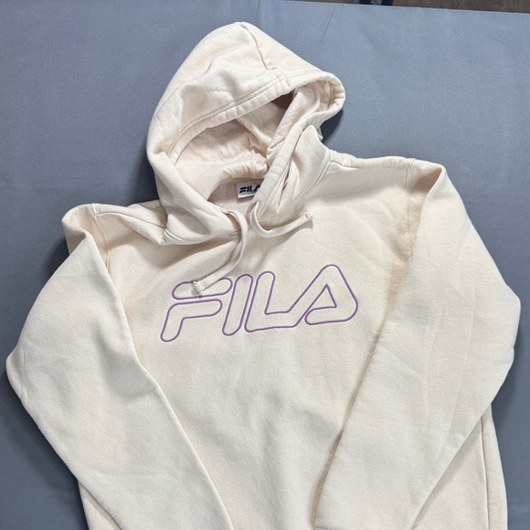 Fila Tops - Fila Womens Hoodie Cream Purple Embroidered Logo Fleece Sweatshirt Size M